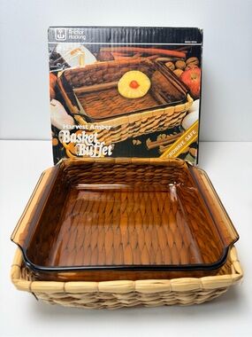Anchor Hocking Amber Buffet Basket 1-8" Square Cake dish with Woven Fiber Basket